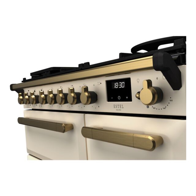 Rangemaster ESDL90DFPPCR/AB1 Estel Deluxe 90cm Dual Fuel Range Cooker, Pale Cream/Antique Brass