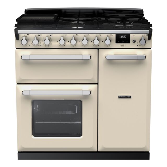Rangemaster ESDL90DFPPCR/CM1 Estel Deluxe 90cm Dual Fuel Range Cooker, Pale Cream/Chrome