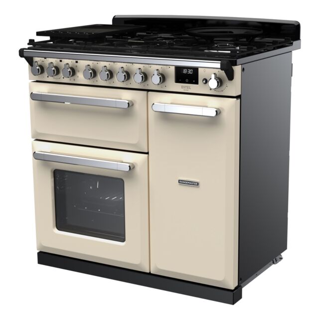 Rangemaster ESDL90DFPPCR/CM1 Estel Deluxe 90cm Dual Fuel Range Cooker, Pale Cream/Chrome