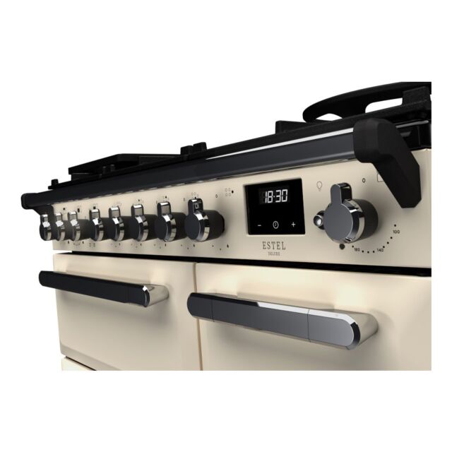 Rangemaster ESDL90DFPPCR/CM1 Estel Deluxe 90cm Dual Fuel Range Cooker, Pale Cream/Chrome