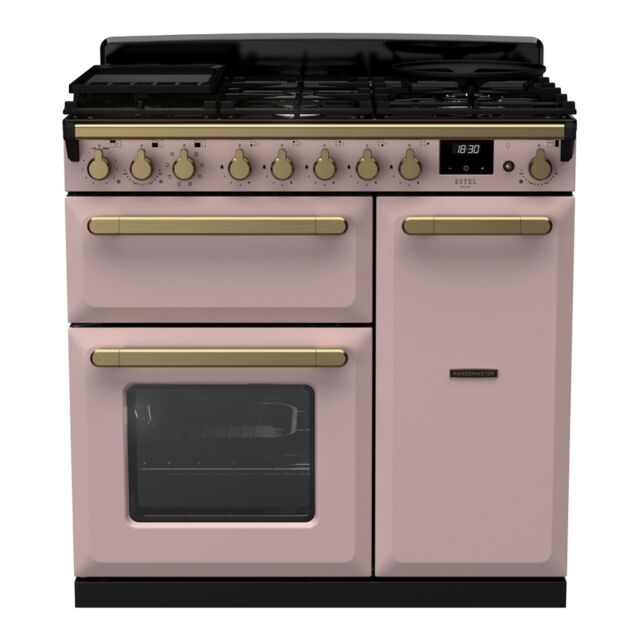Rangemaster ESDL90DFPPPK/AB1 Estel Deluxe 90cm Dual Fuel Range Cooker, Pale Pink/Antique Brass