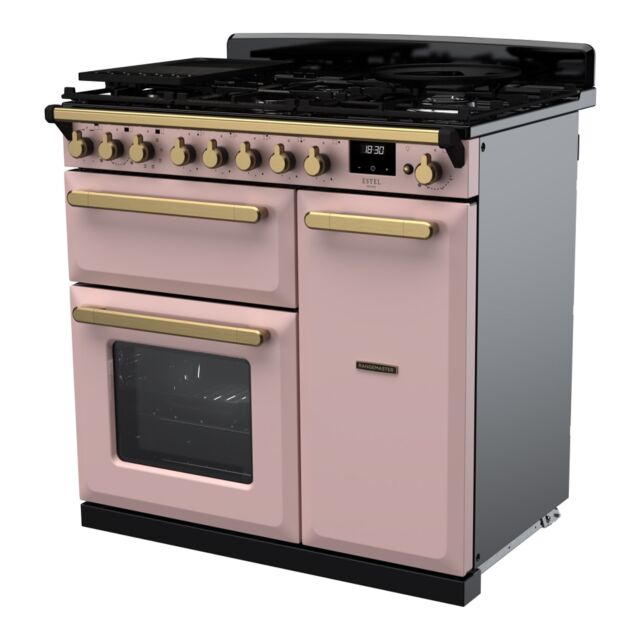 Rangemaster ESDL90DFPPPK/AB1 Estel Deluxe 90cm Dual Fuel Range Cooker, Pale Pink/Antique Brass