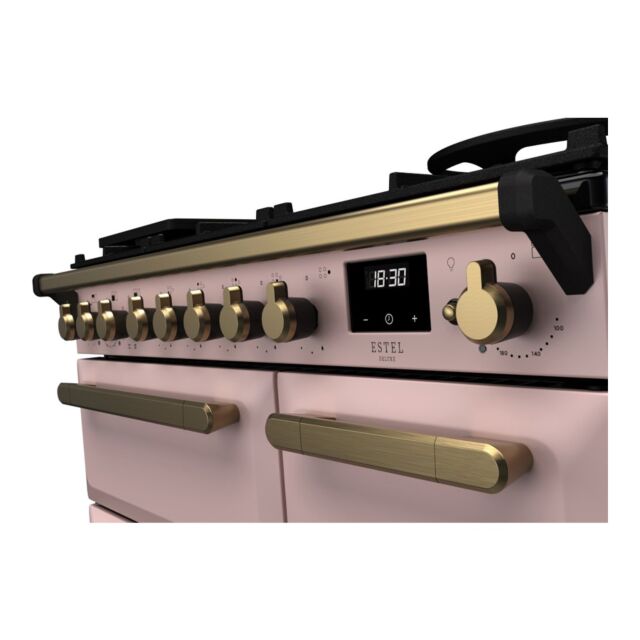 Rangemaster ESDL90DFPPPK/AB1 Estel Deluxe 90cm Dual Fuel Range Cooker, Pale Pink/Antique Brass