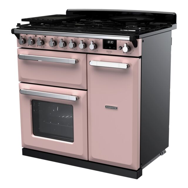 Rangemaster ESDL90DFPPPK/CM1 Estel Deluxe 90cm Dual Fuel Range Cooker, Pale Pink/Chrome
