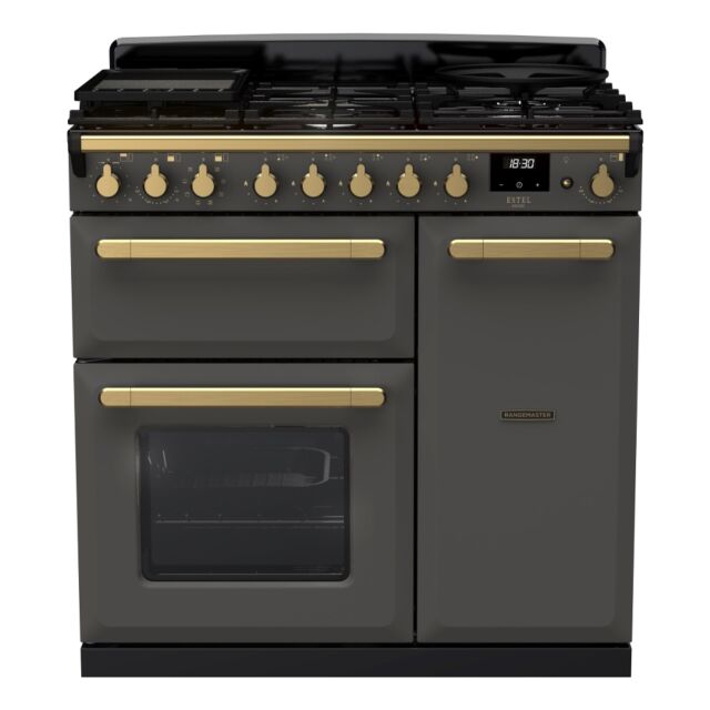 Rangemaster ESDL90DFPSLT/AB1 Estel Deluxe 90cm Dual Fuel Range Cooker, Slate/Antique Brass