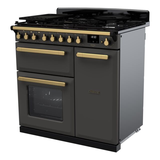Rangemaster ESDL90DFPSLT/AB1 Estel Deluxe 90cm Dual Fuel Range Cooker, Slate/Antique Brass