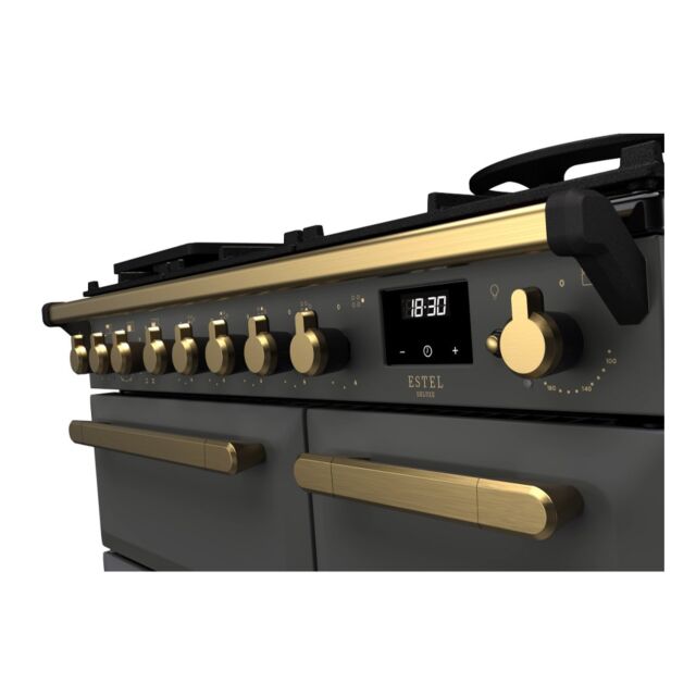 Rangemaster ESDL90DFPSLT/AB1 Estel Deluxe 90cm Dual Fuel Range Cooker, Slate/Antique Brass