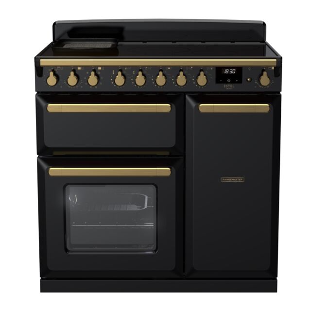 Rangemaster ESDL90EIPGBL/AB1 Estel Deluxe 90cm Induction Range Cooker, Black/Antique Brass