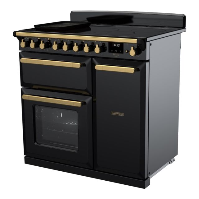 Rangemaster ESDL90EIPGBL/AB1 Estel Deluxe 90cm Induction Range Cooker, Black/Antique Brass