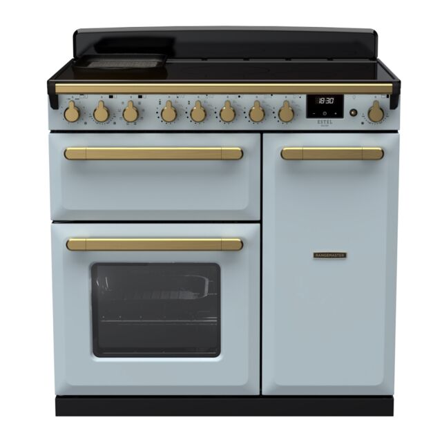 Rangemaster ESDL90EIPMSB/AB1 Estel Deluxe 90cm Induction Range Cooker, Misty Blue/Antique Brass