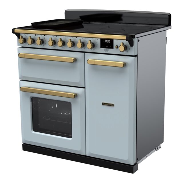 Rangemaster ESDL90EIPMSB/AB1 Estel Deluxe 90cm Induction Range Cooker, Misty Blue/Antique Brass