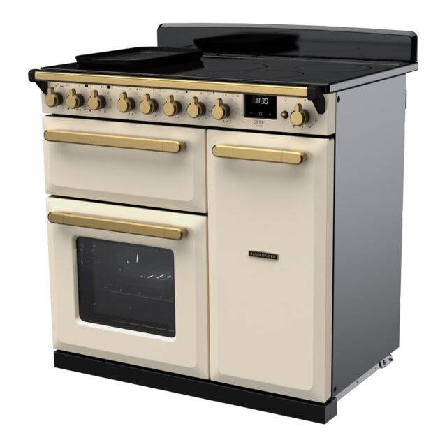 Rangemaster ESDL90EIPPCR/AB1 Estel Deluxe 90cm Induction Range Cooker, Pale Cream/Antique Brass