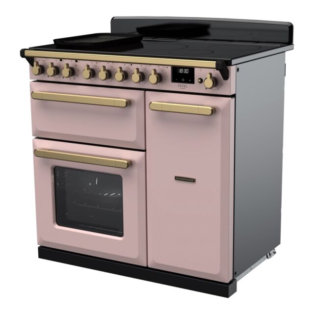 Rangemaster ESDL90EIPPPK/AB1 Estel Deluxe 90cm Induction Range Cooker, Pale Pink/Antique Brass