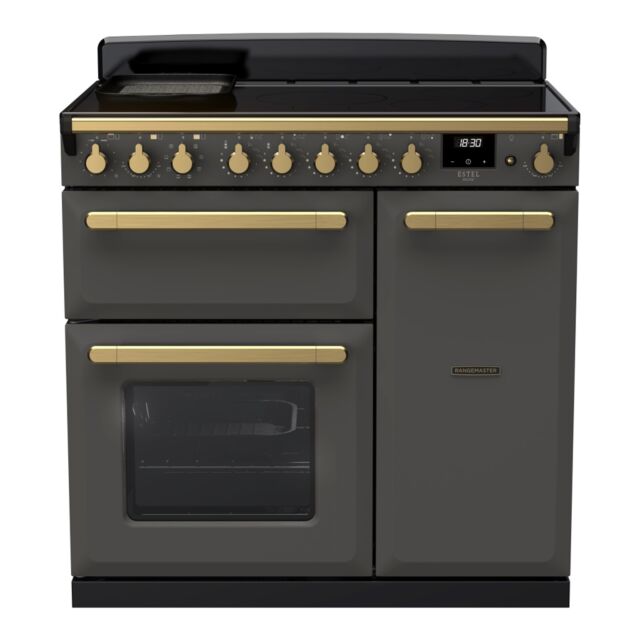 Rangemaster ESDL90EIPSLT/AB1 Estel Deluxe 90cm Induction Range Cooker, Slate/Antique Brass