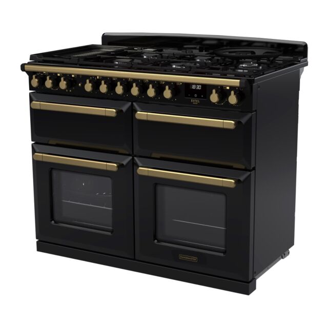Rangemaster ESDLB110DFPGBL/AB1 Estel Deluxe 110cm BC Dual Fuel Range Cooker, Black/Antique Brass
