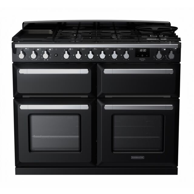Rangemaster ESDLB110DFPGBL/CM1 Estel Deluxe 110cm BC Dual Fuel Range Cooker, Black/Chrome