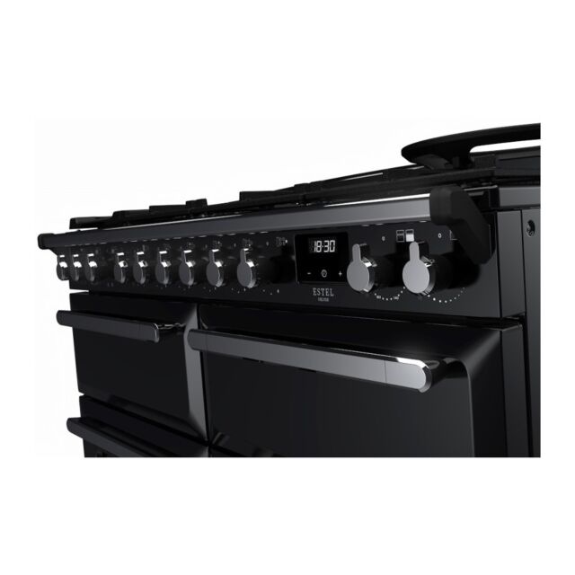 Rangemaster ESDLB110DFPGBL/CM1 Estel Deluxe 110cm BC Dual Fuel Range Cooker, Black/Chrome