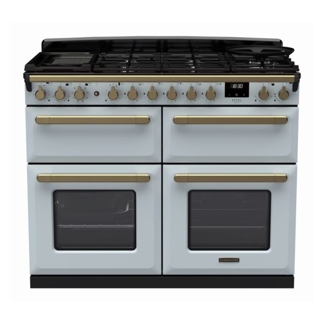 Rangemaster ESDLB110DFPMSB/AB1 Estel Deluxe 110cm BC Dual Fuel Range Cooker, Misty Blue/Antique Bras