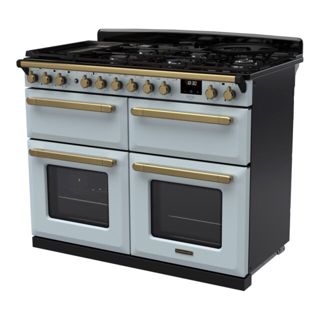 Rangemaster ESDLB110DFPMSB/AB1 Estel Deluxe 110cm BC Dual Fuel Range Cooker, Misty Blue/Antique Bras