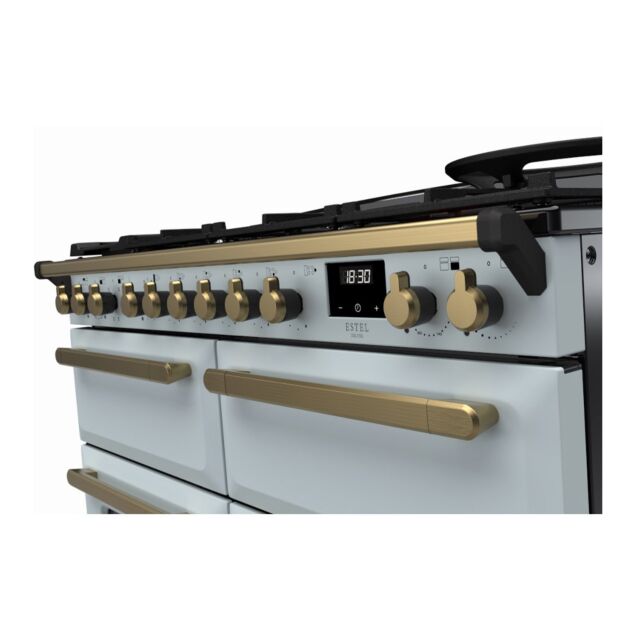 Rangemaster ESDLB110DFPMSB/AB1 Estel Deluxe 110cm BC Dual Fuel Range Cooker, Misty Blue/Antique Bras