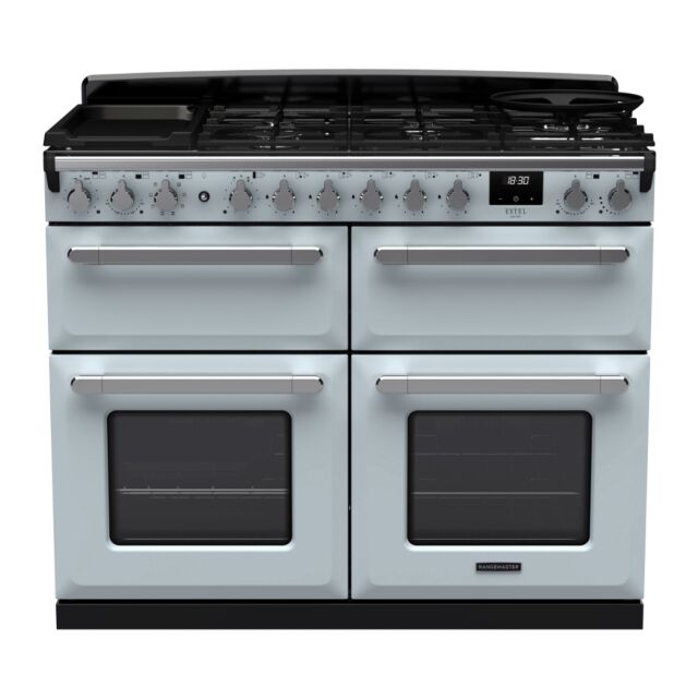 Rangemaster ESDLB110DFPMSB/CM1 Estel Deluxe 110cm BC Dual Fuel Range Cooker, Misty Blue/Chrome
