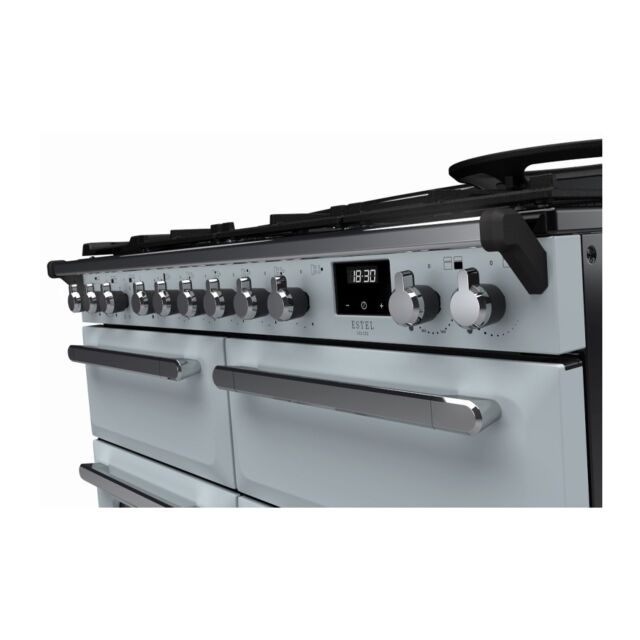 Rangemaster ESDLB110DFPMSB/CM1 Estel Deluxe 110cm BC Dual Fuel Range Cooker, Misty Blue/Chrome