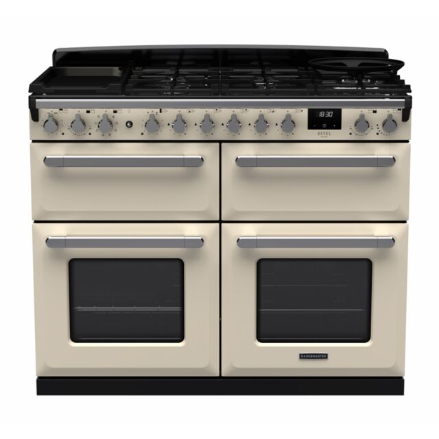 Rangemaster ESDLB110DFPPCR/CM1 Estel Deluxe 110cm BC Dual Fuel Range Cooker, Pale Cream/Chrome