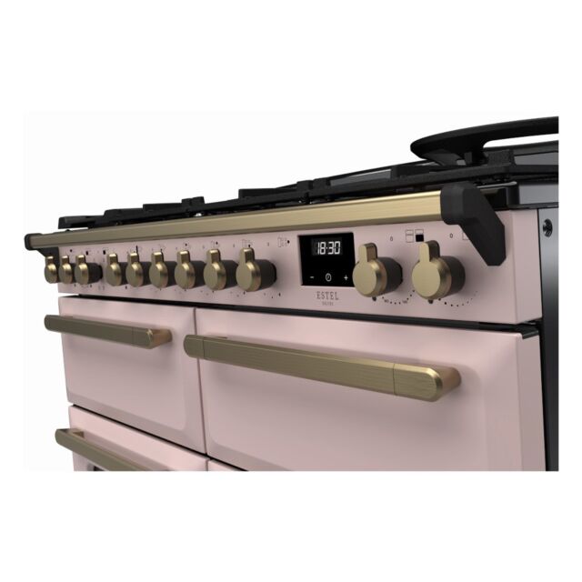 Rangemaster ESDLB110DFPPPK/AB1 Estel Deluxe 110cm BC Dual Fuel Range Cooker, Pale Pink/Antique Brass