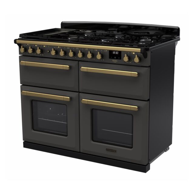 Rangemaster ESDLB110DFPSLT/AB1 Estel Deluxe 110cm BC Dual Fuel Range Cooker, Slate/Antique Brass