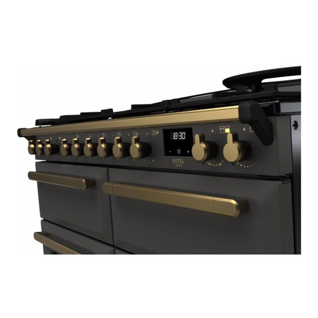 Rangemaster ESDLB110DFPSLT/AB1 Estel Deluxe 110cm BC Dual Fuel Range Cooker, Slate/Antique Brass
