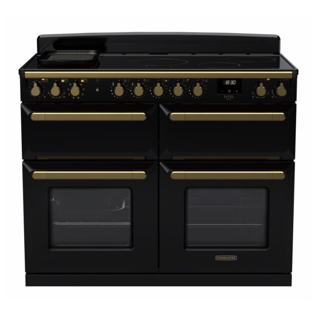 Rangemaster ESDLB110EIPGBL/AB1 Estel Deluxe 110cm BC Induction Range Cooker, Black/Antique Brass