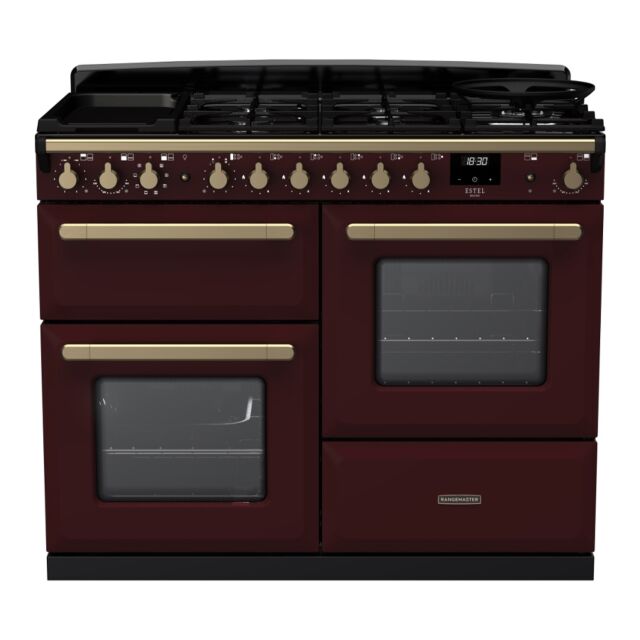 Rangemaster ESDLO110DFPBOR/AB1 Estel Deluxe 110cm Dual Fuel Range Cooker, Bordeaux/Antique Brass