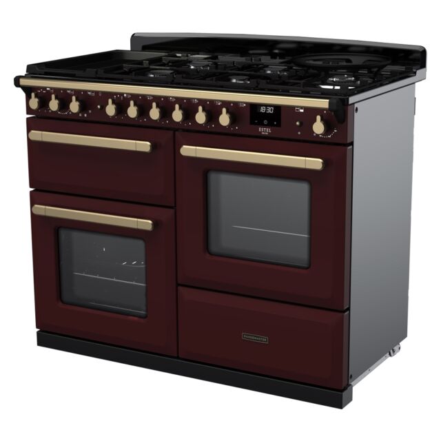 Rangemaster ESDLO110DFPBOR/AB1 Estel Deluxe 110cm Dual Fuel Range Cooker, Bordeaux/Antique Brass