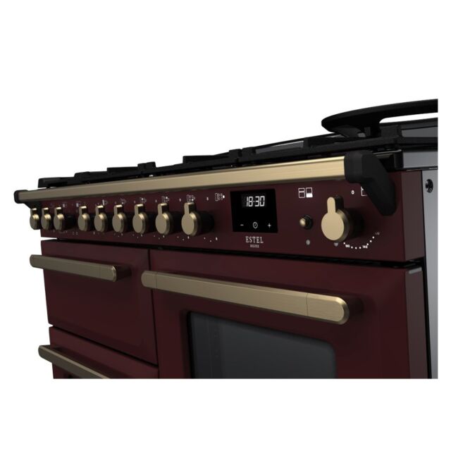 Rangemaster ESDLO110DFPBOR/AB1 Estel Deluxe 110cm Dual Fuel Range Cooker, Bordeaux/Antique Brass