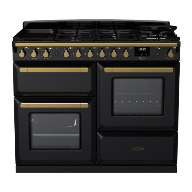 Rangemaster ESDLO110DFPGBL/AB1 Estel Deluxe 110cm Dual Fuel Range Cooker, Black/Antique Brass