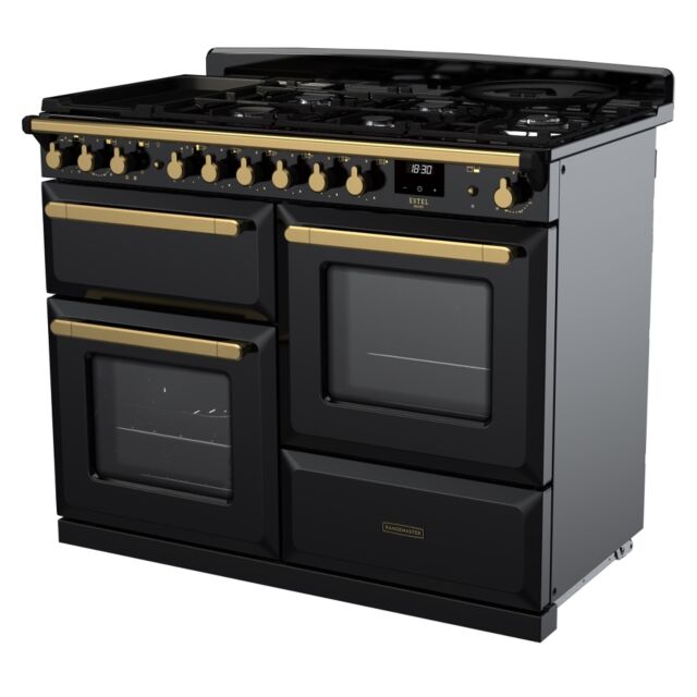 Rangemaster ESDLO110DFPGBL/AB1 Estel Deluxe 110cm Dual Fuel Range Cooker, Black/Antique Brass