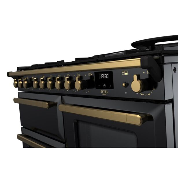 Rangemaster ESDLO110DFPGBL/AB1 Estel Deluxe 110cm Dual Fuel Range Cooker, Black/Antique Brass