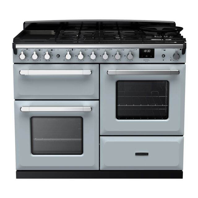Rangemaster ESDLO110DFPMSB/CM1 Estel Deluxe 110cm Dual Fuel Range Cooker, Misty Blue/Chrome