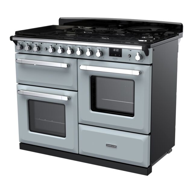 Rangemaster ESDLO110DFPMSB/CM1 Estel Deluxe 110cm Dual Fuel Range Cooker, Misty Blue/Chrome