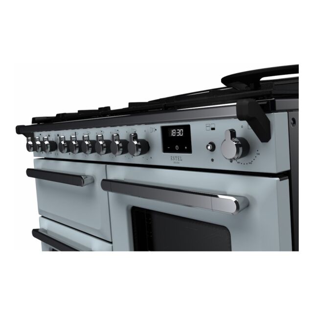 Rangemaster ESDLO110DFPMSB/CM1 Estel Deluxe 110cm Dual Fuel Range Cooker, Misty Blue/Chrome