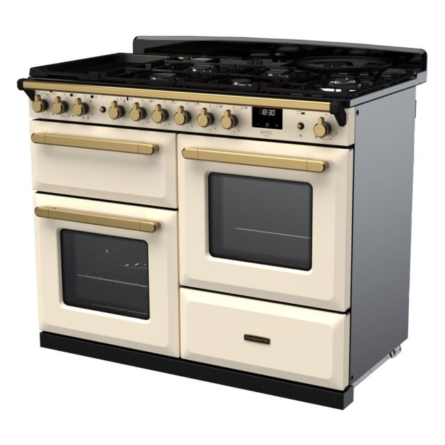 Rangemaster ESDLO110DFPPCR/AB1 Estel Deluxe 110cm Dual Fuel Range Cooker, Pale Cream/Antique Brass