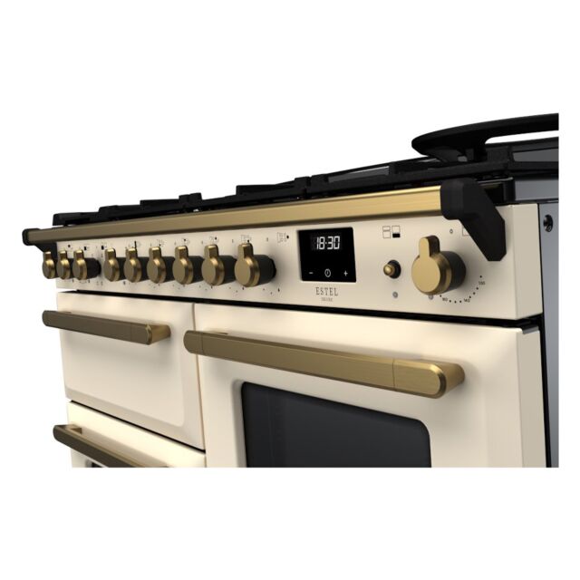 Rangemaster ESDLO110DFPPCR/AB1 Estel Deluxe 110cm Dual Fuel Range Cooker, Pale Cream/Antique Brass