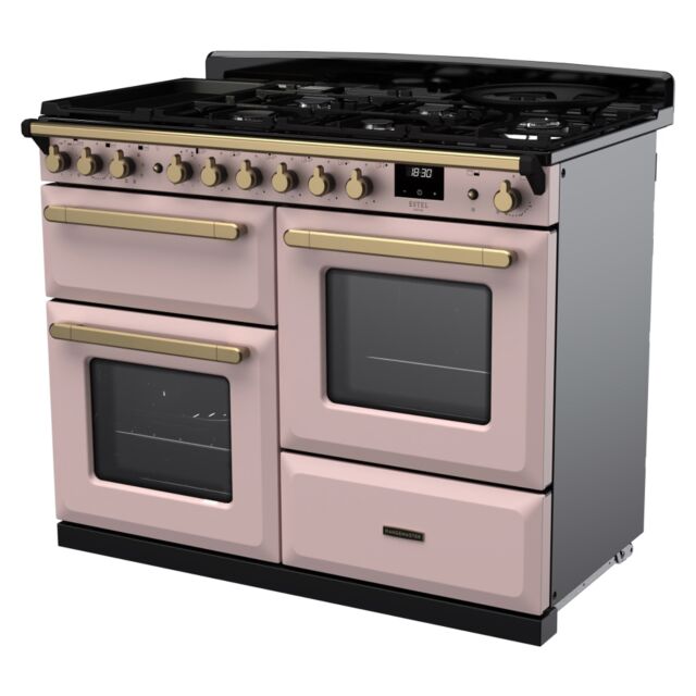 Rangemaster ESDLO110DFPPPK/AB1 Estel Deluxe 110cm Dual Fuel Range Cooker, Pale Pink/Antique Brass