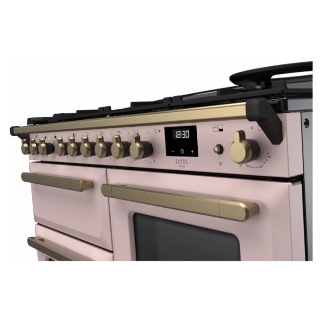 Rangemaster ESDLO110DFPPPK/AB1 Estel Deluxe 110cm Dual Fuel Range Cooker, Pale Pink/Antique Brass