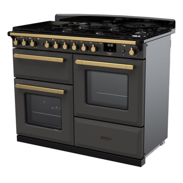 Rangemaster ESDLO110DFPSLT/AB1 Estel Deluxe 110cm Dual Fuel Range Cooker, Slate/Antique Brass