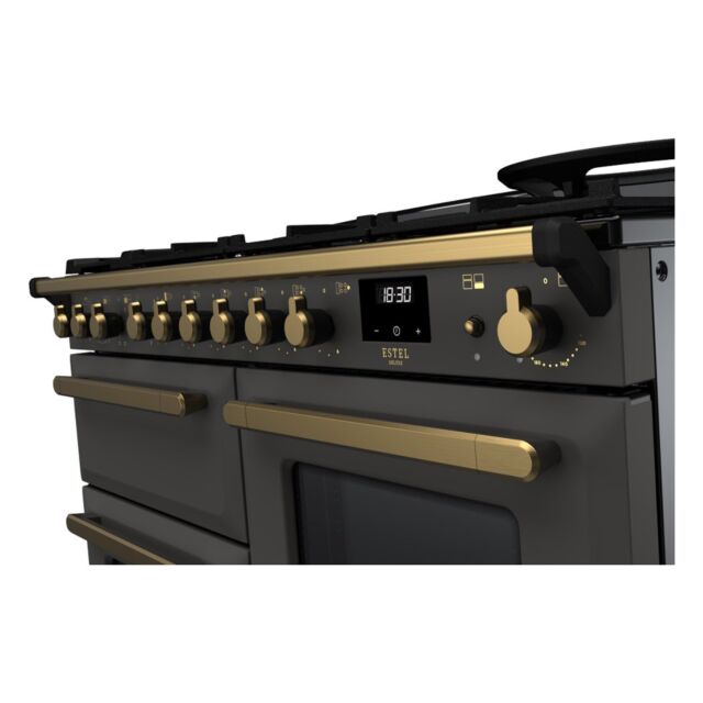 Rangemaster ESDLO110DFPSLT/AB1 Estel Deluxe 110cm Dual Fuel Range Cooker, Slate/Antique Brass