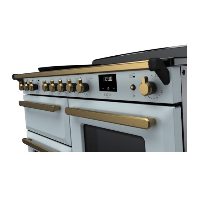 Rangemaster ESDLO110EIPMSB/AB1 Estel Deluxe 110cm Induction Range Cooker, Misty Blue/Antique Brass