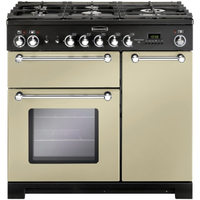 Rangemaster KCH90DFFCR/C KITCHENER 90cm Dual Fuel Range Cooker, Cream/Chrome