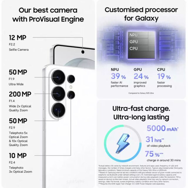 Samsung SM-S948BZWDEUE Galaxy S26 Ultra 6.9inch 5G 12GB/256GB - White