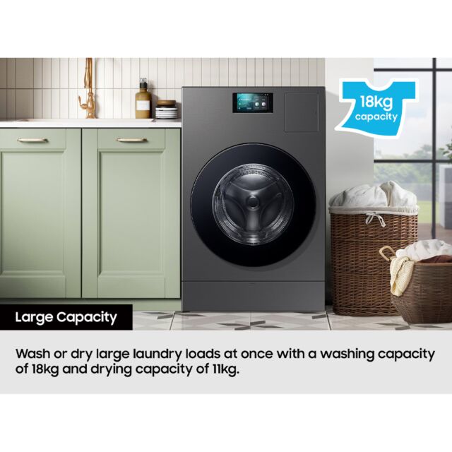 Samsung WD18DB8995BZT1 Series 9 Bespoke Ai All-In-One Washer Dryer, Large Capacity 18Kg/11Kg, Dark Silver